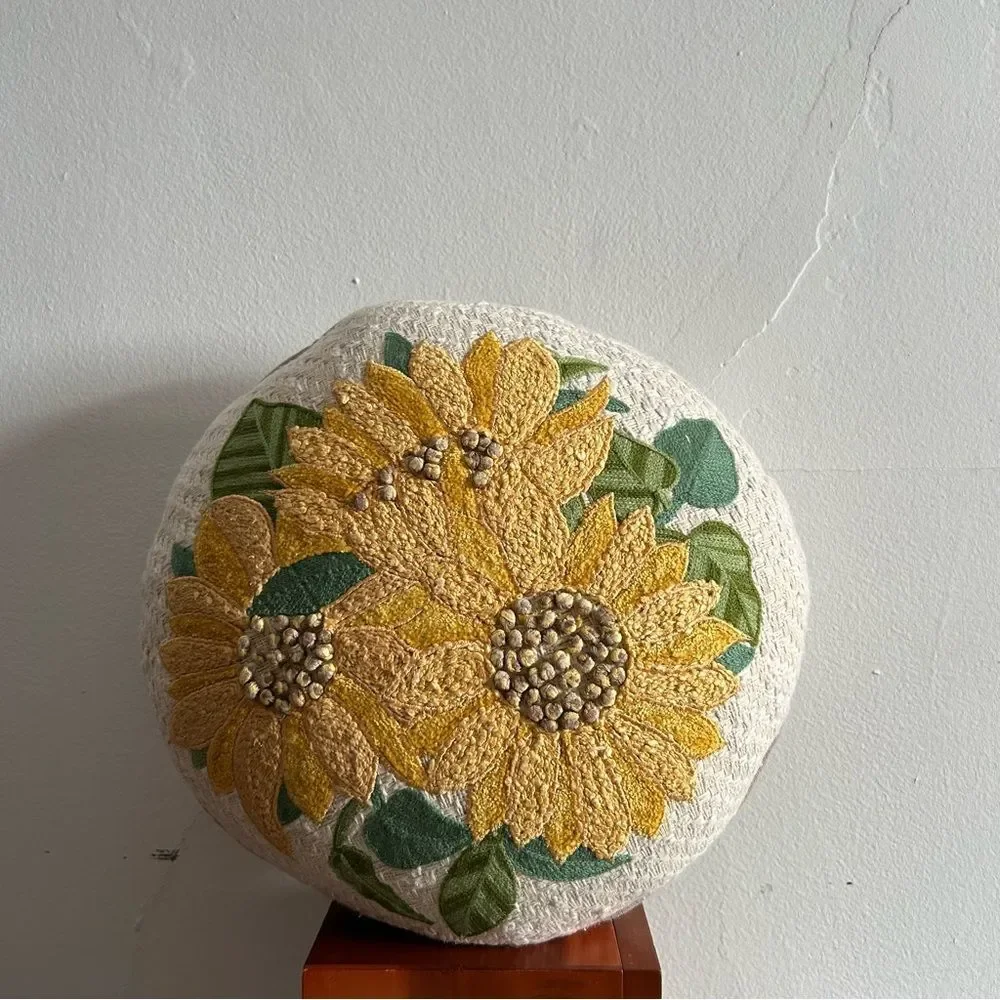 Shabby Chic Farmhouse Sunflower Tweed Round Pillow Boho Cottage Farm